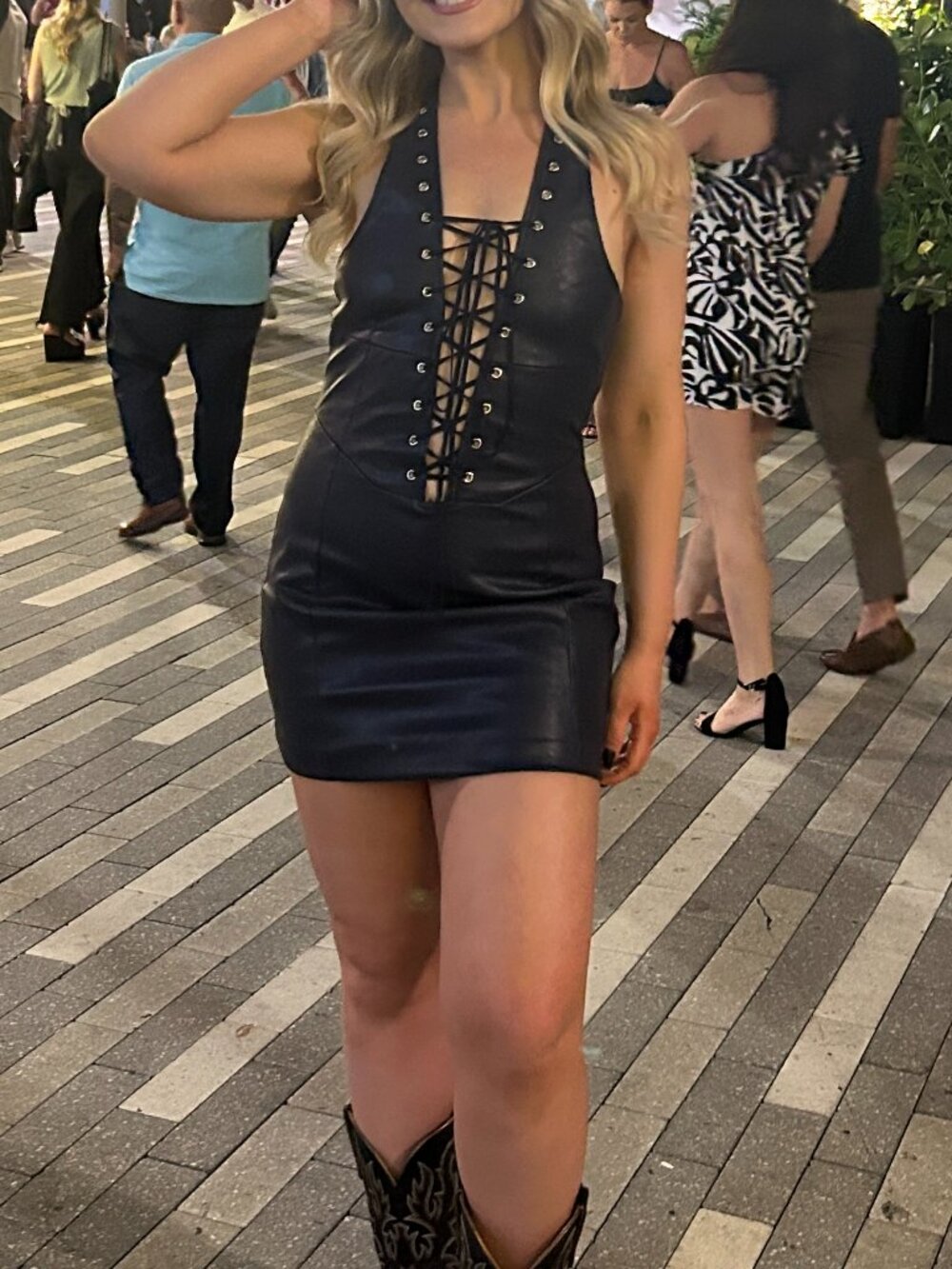 White Fox Dark Blue Leather Lace Up Mini Dress